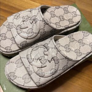 Gucci Beige Monogram Slide Sandals